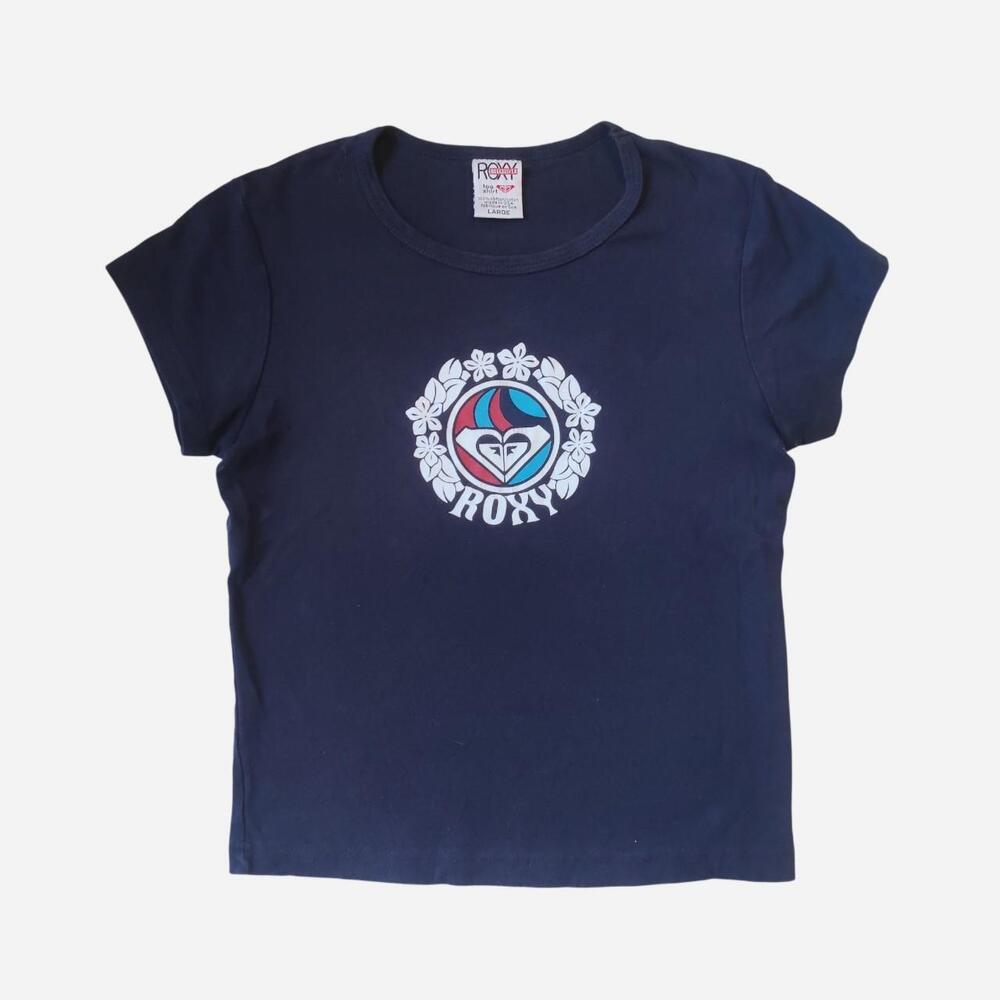 Vintage Navy blue Roxy Quiksilver baby tee with white circular logo featuring fl